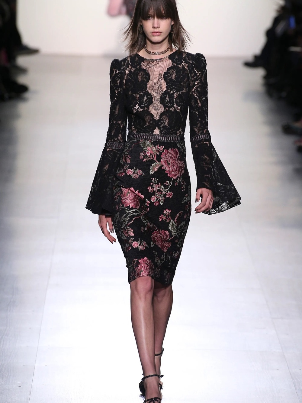 Tadashi Shoji Black Lace Midi Dress with Pink Floral Embroidery
